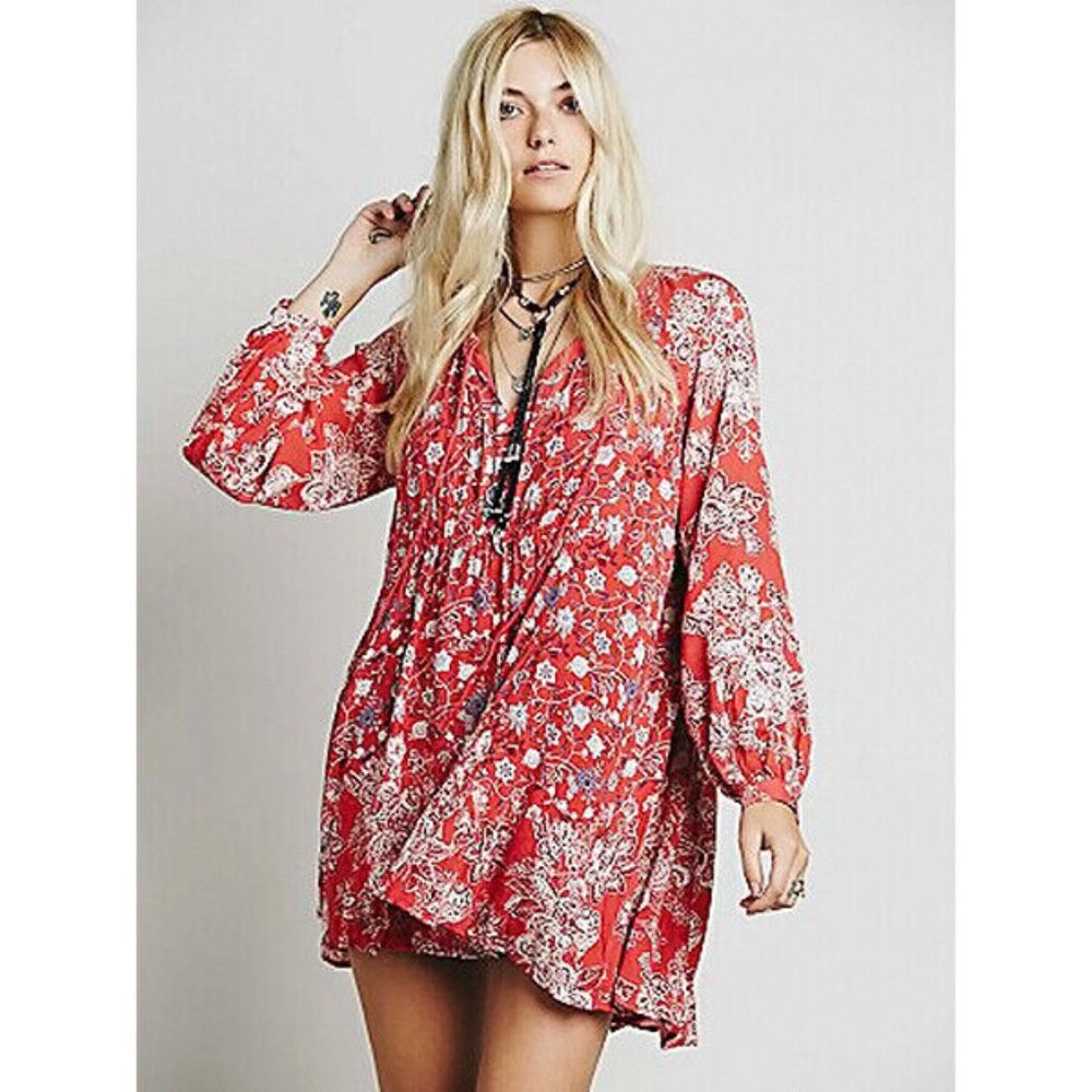 Free People Lucky Loosey Shapeless Dress Blood Orange Combo
